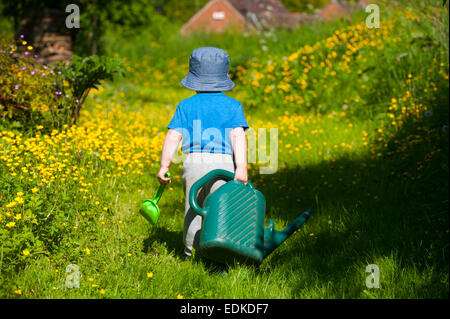 Un enfant de deux ans avec un arrosoir marche à travers un jardin de Shropshire, England, UK. Banque D'Images