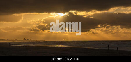 Un coucher du soleil doré sur la mer du Nord avec vue sur les toits de La Haye et Scheveningen, Maasvlakte 2 en arrière-plan. Banque D'Images