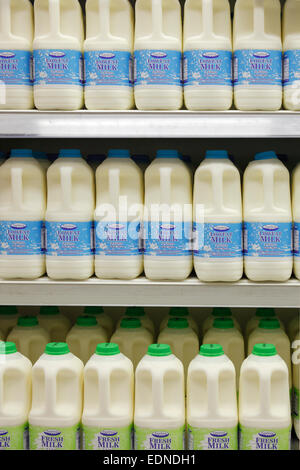 Du lait frais et du lait faible en matières grasses sur une étagère d'un supermarché, Irlande Banque D'Images