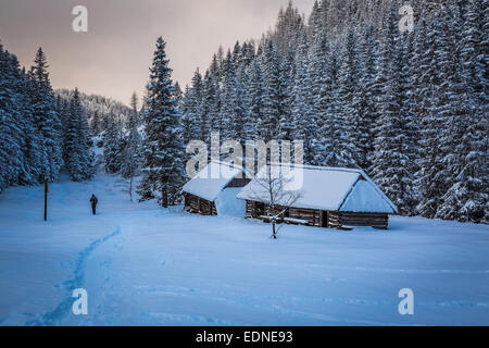 Homme seul sur le sentier de montagne d'hiver Banque D'Images