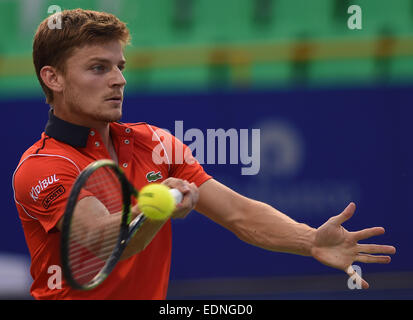 Chennai, Inde. Jan 7, 2015. David Goffin de Belgique renvoie la balle pendant le deuxième tour contre Ricardas Berankis de Lituanie à l'ATP Chennai Open 2015 à Chennai, Inde, le 7 janvier 2015. David Goffin a gagné 2-1. © Stringer/Xinhua/Alamy Live News Banque D'Images