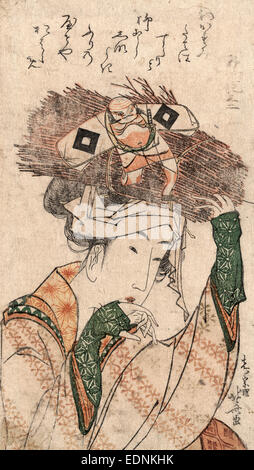 Oharame, fille de village. Ohara, Katsushika Hokusai,, 1760-1849, l'artiste, [ca. 1799], 1 tirage : gravure sur bois, couleur ; 18,7 x 10,5 cm., imprimer montre la tête-et-épaules portrait d'une femme portant des bâtons ensemble sur sa tête. L'offre semble être lié par une petite découpe figure dans la forme d'un homme. Banque D'Images