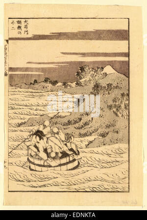 Pas okegoe Ooigawa fuji, l'affichage Le Mont Fuji à partir d'un seau bateau sur la rivière Oi., Katsushika Hokusai,, 1760-1849, l'artiste, [ca. 1836], 1 : impression gravure sur bois 21,2 x 14,6 cm ;., imprimer montre plusieurs personnes dans une grande baignoire flotter sur la rivière Oi avec vue sur le Mont Fuji en arrière-plan. Banque D'Images