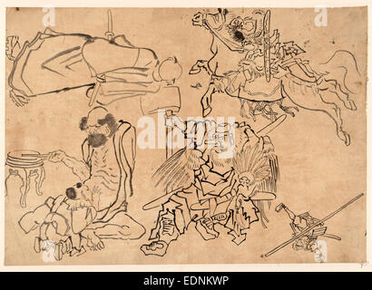 L'ONAD Tengu Tengu, et miscellanées., [entre 1830 et 1868], 1 dessin : encre ; 28,9 x 37,7 cm., Le dessin montre cinq vignettes, guerrier à cheval, l'homme à l'épée, guerrier avec une grande hache, figure à l'envers avec personnel à long, et vieil homme assis, en battant le tambour, avec un homme à genoux devant lui. Banque D'Images