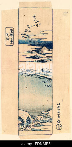 Shibaura, Katsushika Hokusai,, 1760-1849, l'artiste, [1833 ou 1834], 1 tirage : gravure sur bois, couleur ; 21,2 x 10,5 cm, impression a des pèlerins au paysage avec des haltes routières et arrêter le Mont Fuji dans la distance. Banque D'Images