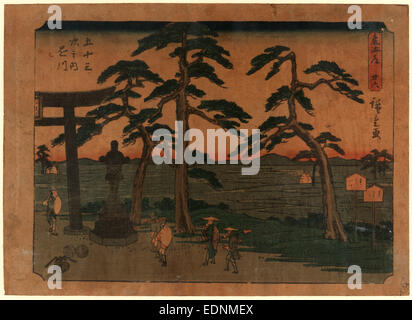 Kakegawa, Ando Hiroshige,, 1797-1858, l'artiste, [entre 1848 et 1854], 1 tirage : gravure sur bois, couleur ; 18,4 x 25,6 cm, impression a des voyageurs s'arrêtant à côté d'une statue au torii Kakegawa station sur la route de Tokaido. Banque D'Images