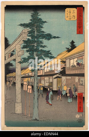 Mishima, Ando Hiroshige,, 1797-1858, l'artiste, 1855., 1 : impression gravure sur bois, couleur ; 36,4 x 24,5 cm., indique les voyageurs et résidents au culte et auberges à la Mishima station sur la route de Tokaido. Banque D'Images