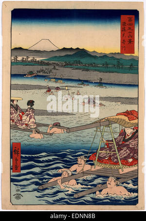 Ouigawa Shunen, Oi River dans Shun'Fr., Ando Hiroshige,, 1797-1858, l'artiste, 1858., 1 : impression gravure sur bois, couleur ; 36 x 24,6 cm, impression a des Porteurs pour transporter des passagers sur des portées de l'autre côté de la rivière Oi, avec vue sur le Mont Fuji en arrière-plan. Banque D'Images