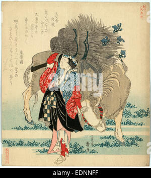 Oharame, Oharame : jeune fille de village. Ohara, Katsushika Hokusai,, 1760-1849, l'artiste, 1829., 1 : impression gravure sur bois, couleur ; 20,6 x 18,7 cm., montre une impression de oharame transportant des paquets de roseaux Ohara sur sa tête, et la tête d'un boeuf, chargés de paquets de roseaux. Banque D'Images