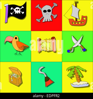 Illustration des symboles avec tête de pirate, navire, treasure, drapeau, Parrot et épées Banque D'Images