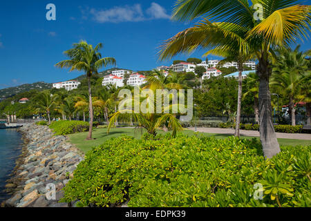 Promenade le long du front de mer avec de riches propriétés de location au-delà dans le port de Charlotte Amalie, St Thomas, Îles Vierges Américaines Banque D'Images