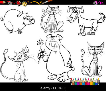 Livre de coloriage ou une illustration Croquis Cartoon Page Animaux drôles de caractères Banque D'Images