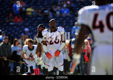 14 décembre 2014 Denver Broncos sécurité libre de Rahim Moore # 26 avant la NFL football match entre les Denver Broncos et les Chargers de San Diego au Qualcomm Stadium de San Diego, Californie.Charles Baus/CSM Banque D'Images