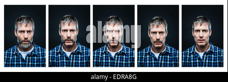 Série de cinq portraits d'un homme dans la cinquantaine, montrant différentes étapes de rasage. La barbe, favoris, guidon moustache, petite moustache et rasé. Banque D'Images