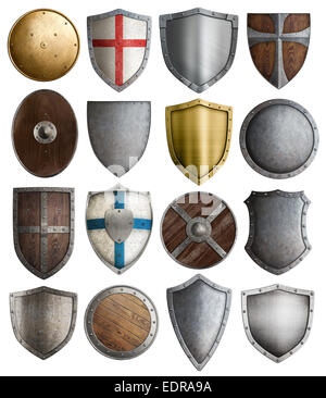 Armures médiévales et knight shields assortiment Banque D'Images
