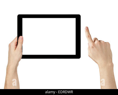 L'homme à l'aide de mains adultes generic tablet pc avec un écran blanc, isolated on white Banque D'Images