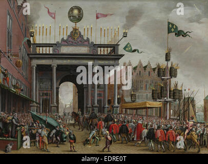 Joyeuse Entrée de François, duc d'Anjou à Anvers en Belgique, le 19 février 1582, avec un arc de triomphe sur St. John's Bridge Banque D'Images