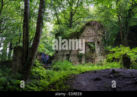 Couple walking cours des anciennes ruines couvert de feuillage dans le Derbyshire, Angleterre Banque D'Images