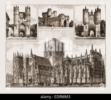 York UK 1873, 1. Monk Bar. 2. Walm Gate. 3. Micklegate Bar. 4. La cathédrale de York. 5. Clifford's Tower 6. St Mary's Abbey Banque D'Images