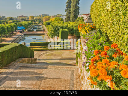 CORDOBA DANS LES JARDINS DE L'Alcazar des Rois Chrétiens UNE SÉRIE D'ÉTAPES ET LE NETTOYAGE COURANT DES PISCINES EN HIVER Banque D'Images