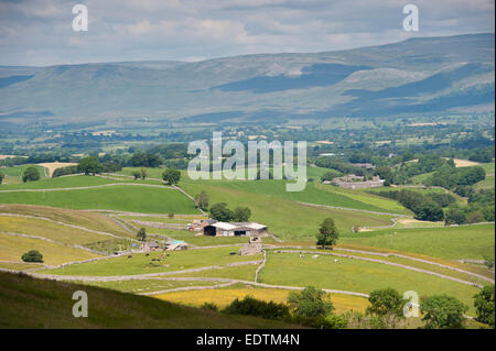 En regardant la partie supérieure de la vallée de l'Eden à proximité de Kirkby Stephen, Cumbria, Lammerside avec Wharton Hall et Château. Banque D'Images