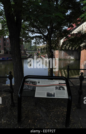 Portrait ensoleillée Canaux Castlefield Information Board, vers Canal de Bridgewater terminus, le Castlefield bassin du Canal, Manchester, UK Banque D'Images