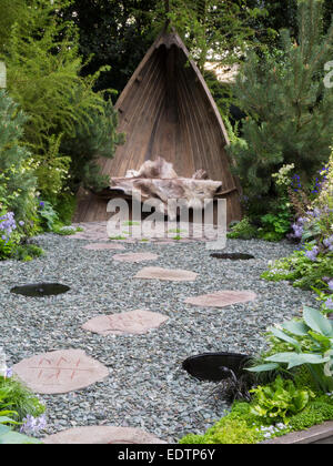 Londres, Royaume-Uni, 20 mai 2014 RHS Chelsea Flower Show premier jour. Les croisières Viking Artisan scandinave jardin conçu par Sadie peut ranger Banque D'Images