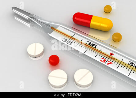 3D render of medical thermomètre et divers comprimés Banque D'Images