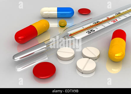 3D render of medical thermomètre et divers comprimés Banque D'Images