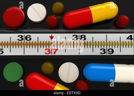 3D render of medical thermomètre et divers comprimés Banque D'Images