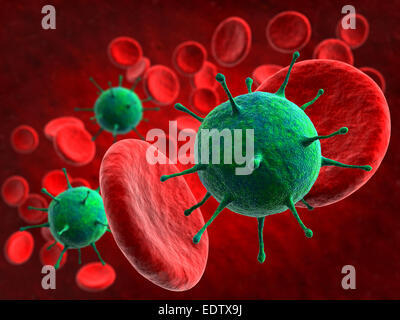 3D render of virus et les globules rouges en arrière-plan Banque D'Images
