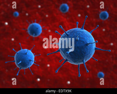 Virus rendu 3D de cellules sur fond rouge abstrait Banque D'Images