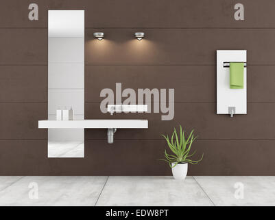 Salle de bains minimaliste blanc marron avec lavabo et le radiateur sur le mur - le rendu 3D Banque D'Images