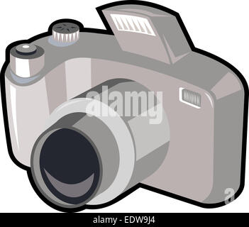 Illustration d'un appareil photo numérique reflex numérique vue de l'avant sur un fond blanc fait dans l'art déco style rétro. Banque D'Images