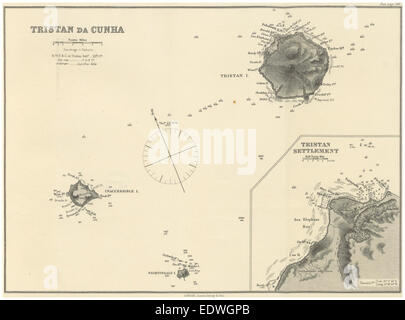 Cette carte de 1884 par Imray représente Tristan da Cunha, un archipel volcanique isolé dans l'océan Atlantique Sud. Connu pour son isolement, le groupe insulaire est situé à environ 2 400 kilomètres de la terre habitée la plus proche. Cette carte met en évidence la géographie et les routes maritimes de l'archipel. Banque D'Images
