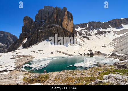 Vue d'été de Pisciadu lake et le pic de la montagne, Sella sudtirol, Italie Banque D'Images