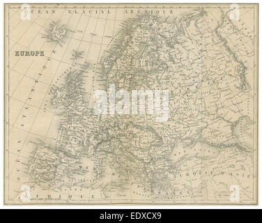 Cette illustration de Malte-Brun, réalisée en 1856, présente une carte détaillée de l’Europe, mettant en valeur le paysage politique et géographique du continent au milieu du XIXe siècle. Banque D'Images