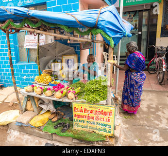 THANJAVOUR, INDE - Le 14 février : une femme non identifiée dans une tenue traditionnelle indienne sont présents. Femme de l'argent. L'Inde, tamoul Banque D'Images