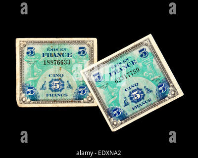 Vintage French WW2 (5-billets Francs) émis par le gouvernement militaire allié des territoires occupés (AM) en 1944 Banque D'Images