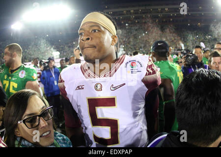 01 janvier 2015, la Florida State Seminoles quarterback Jameis Winston # 5 après la demi-finale des séries éliminatoires de football collégial au Rose Bowl Game présentée par Northwestern Mutual au Rose Bowl de Pasadena, Californie.Charles Baus/CSM Banque D'Images