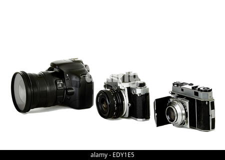 Trois caméras 35mm représentant les changements depuis le début de 35mm à aujourd'hui Banque D'Images