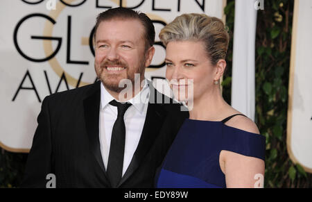 Los Angeles, Californie, USA. Jan 11, 2015. Ricky Gervais, Jane Fallon assistant à la 72e Prix annuel - Arrivées d'or qui a eu lieu au Beverly Hilton Hotel à Beverly Hills, Californie le 11 janvier 2015. 2015 : Crédit D. Long/Globe Photos/ZUMA/Alamy Fil Live News Banque D'Images