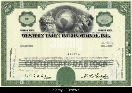 Certificat d'actions historiques, Western Union International Inc., 1963, New York, USA Banque D'Images