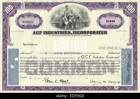 Certificat d'actions historiques, ACF Industries Incorporated, 1977, New Jersey, USA Banque D'Images