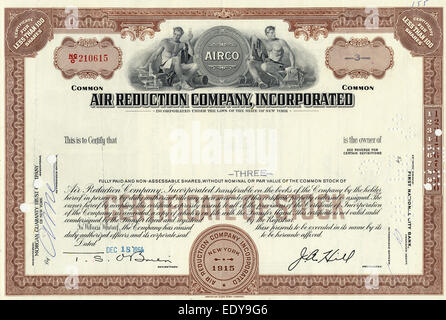 Certificat d'actions historiques, réduction de l'air, de l'entreprise 1964 New York, USA Banque D'Images