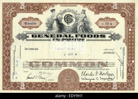 Certificat d'actions historiques, gravure sur acier, représentation allégorique, General Foods Corporation Banque D'Images