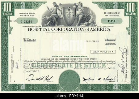 Certificat d'actions historiques, Hospital Corporation of America, New York ou Nashville, Tenn., USA, 1972 Banque D'Images