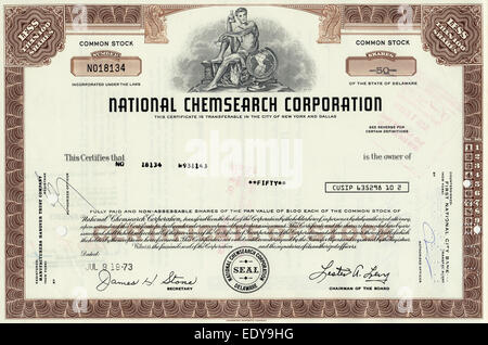 Certificat d'action historique, National Chemsearch Corporation, 1973, New York, USA Banque D'Images
