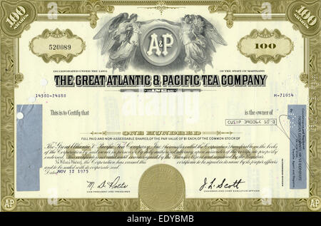 Certificat d'action historique, The Great Atlantic & Pacific Tea Company, Maryland, USA, 1975 Banque D'Images