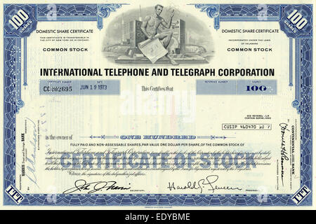 Certificat d'action historique, International Telephone and Telegraph Corporation, New York, USA, 1973 Banque D'Images